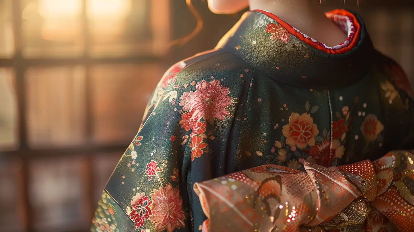 Femme debout en intérieur portant une veste kimono courte sur une robe élégante claire.