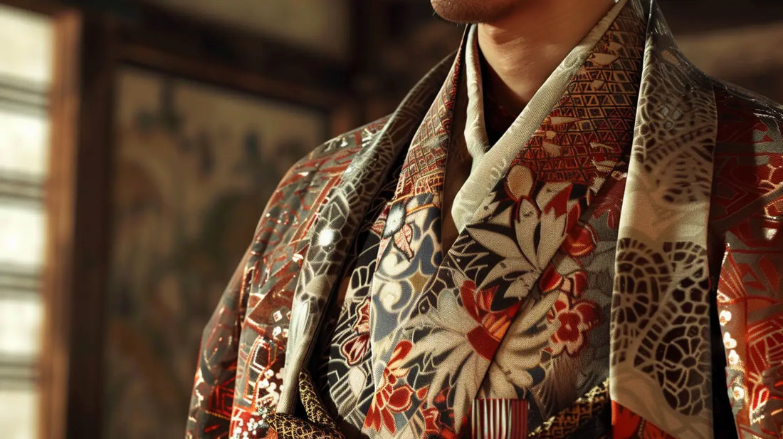 Un homme porte une veste kimono noire avec un pantalon clair dans un décor urbain moderne.