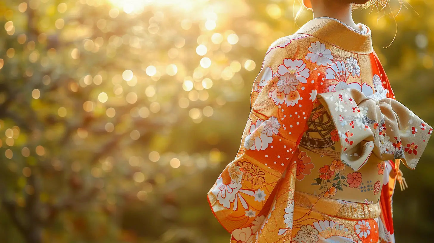 Un homme porte un kimono traditionnel japonais avec divers accessoires du kimono posés à côté.