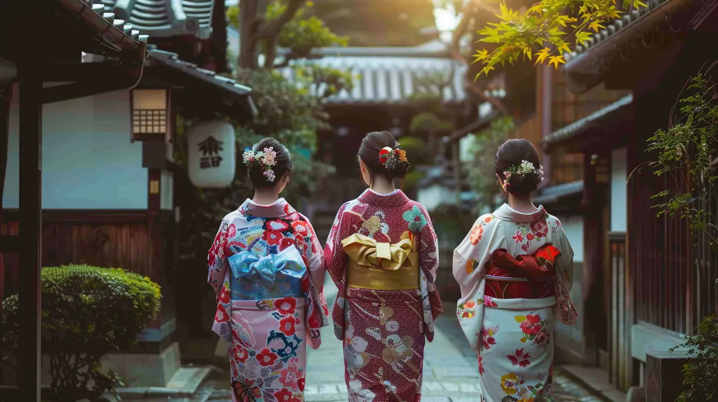 Un homme et une femme portent des yukatas traditionnels japonais dans un jardin zen lumineux.