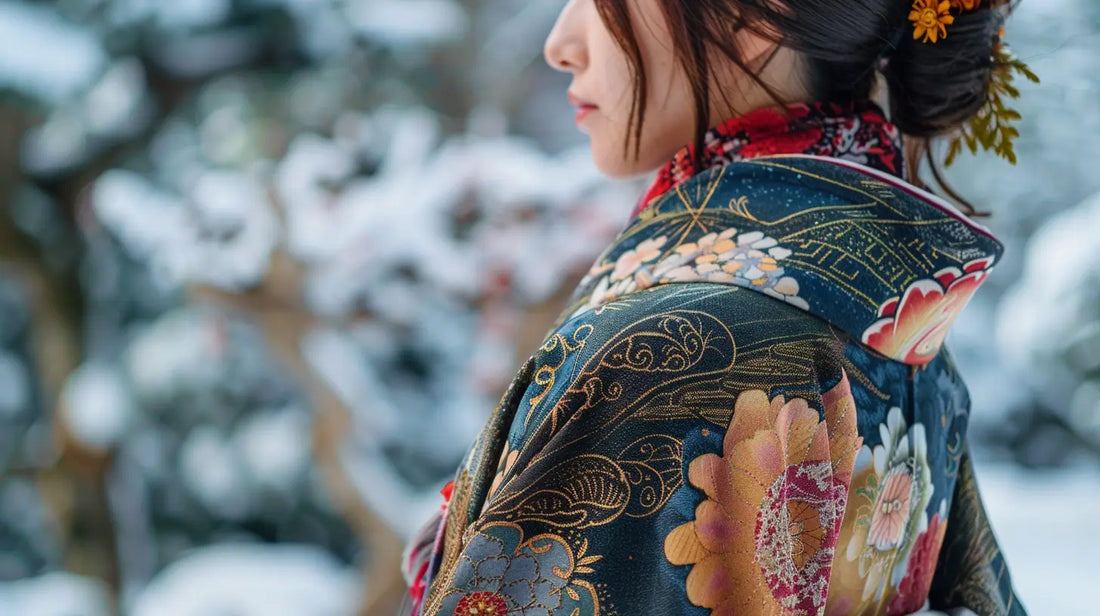 Un homme porte une veste kimono en hiver avec un pull chaud et un pantalon sombre.