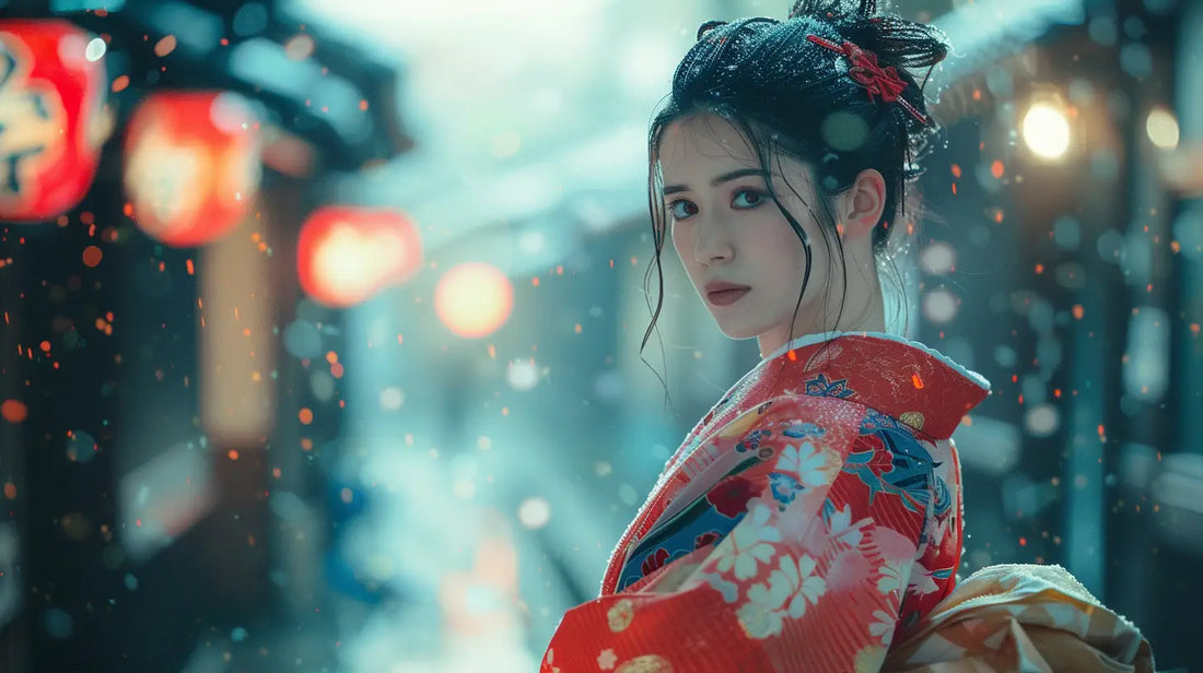 Un homme debout porte un kimono court moderne noir avec pantalon élégant dans un décor minimaliste.