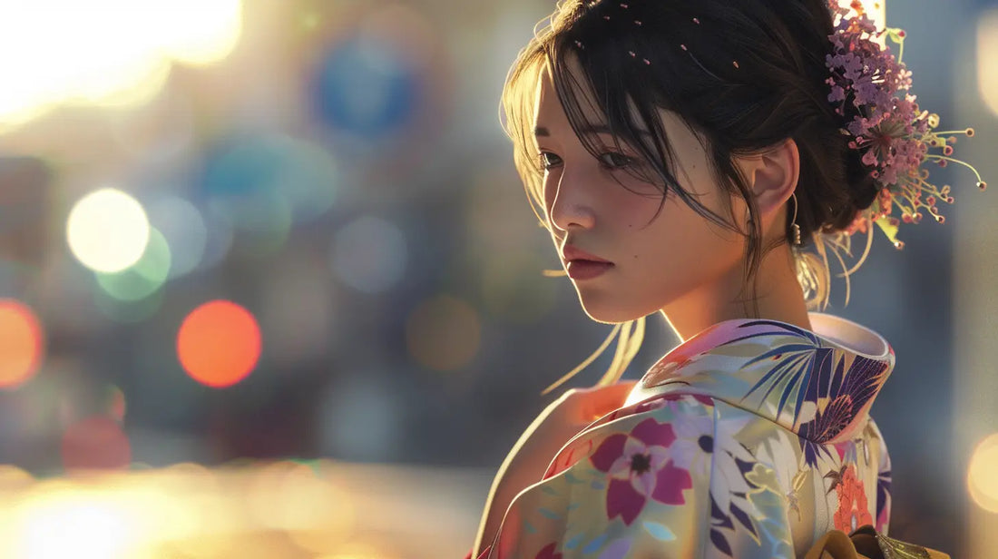 Femme portant un kimono japonais moderne sur une robe élégante dans un intérieur lumineux.