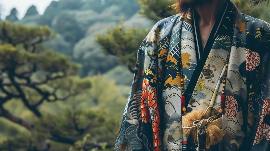Un homme porte un kimono traditionnel japonais moderne dans un intérieur élégant et lumineux.