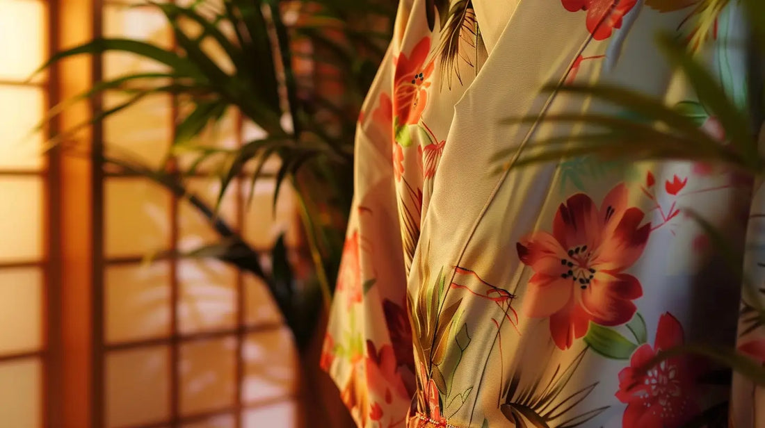 Un homme debout dans un salon lumineux porte un kimono pyjama aux motifs traditionnels japonais.