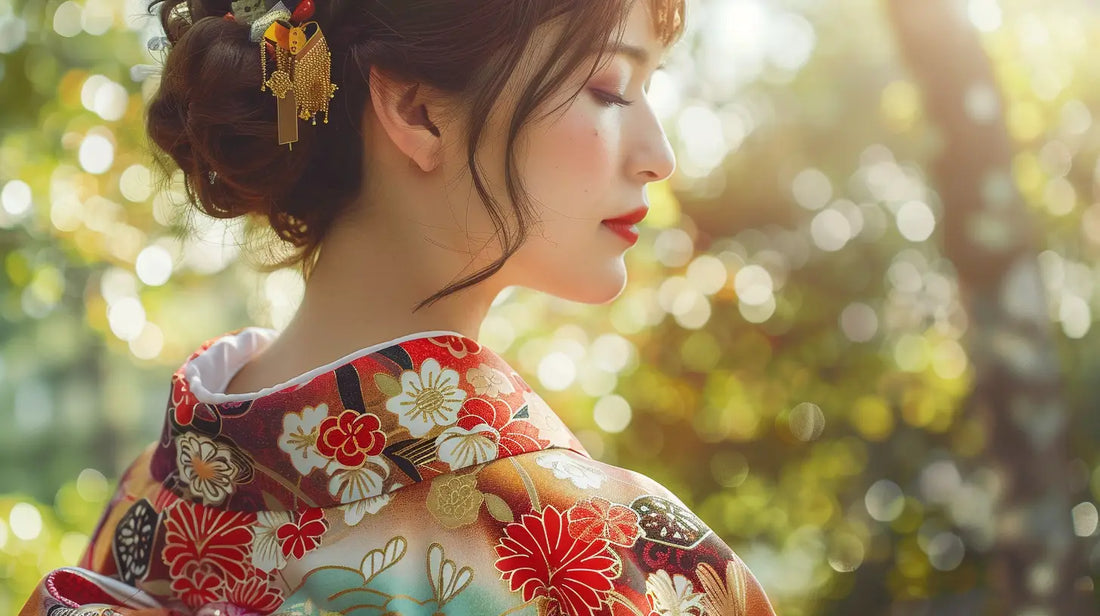 Un homme porte un kimono traditionnel japonais bleu foncé debout dans un décor épuré.
