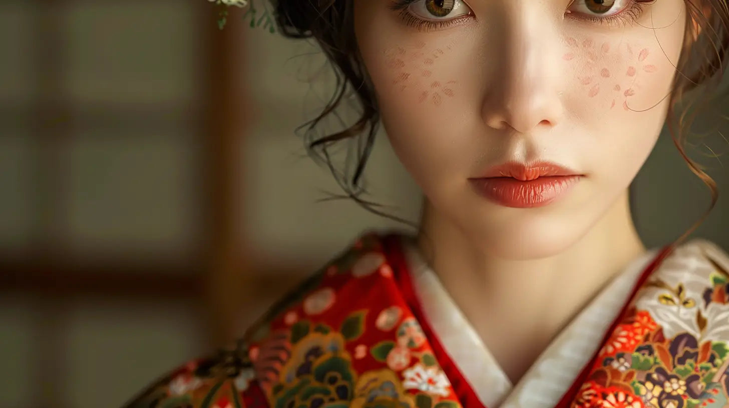 Un homme porte un kimono japonais traditionnel bleu à motifs devant un mur beige.