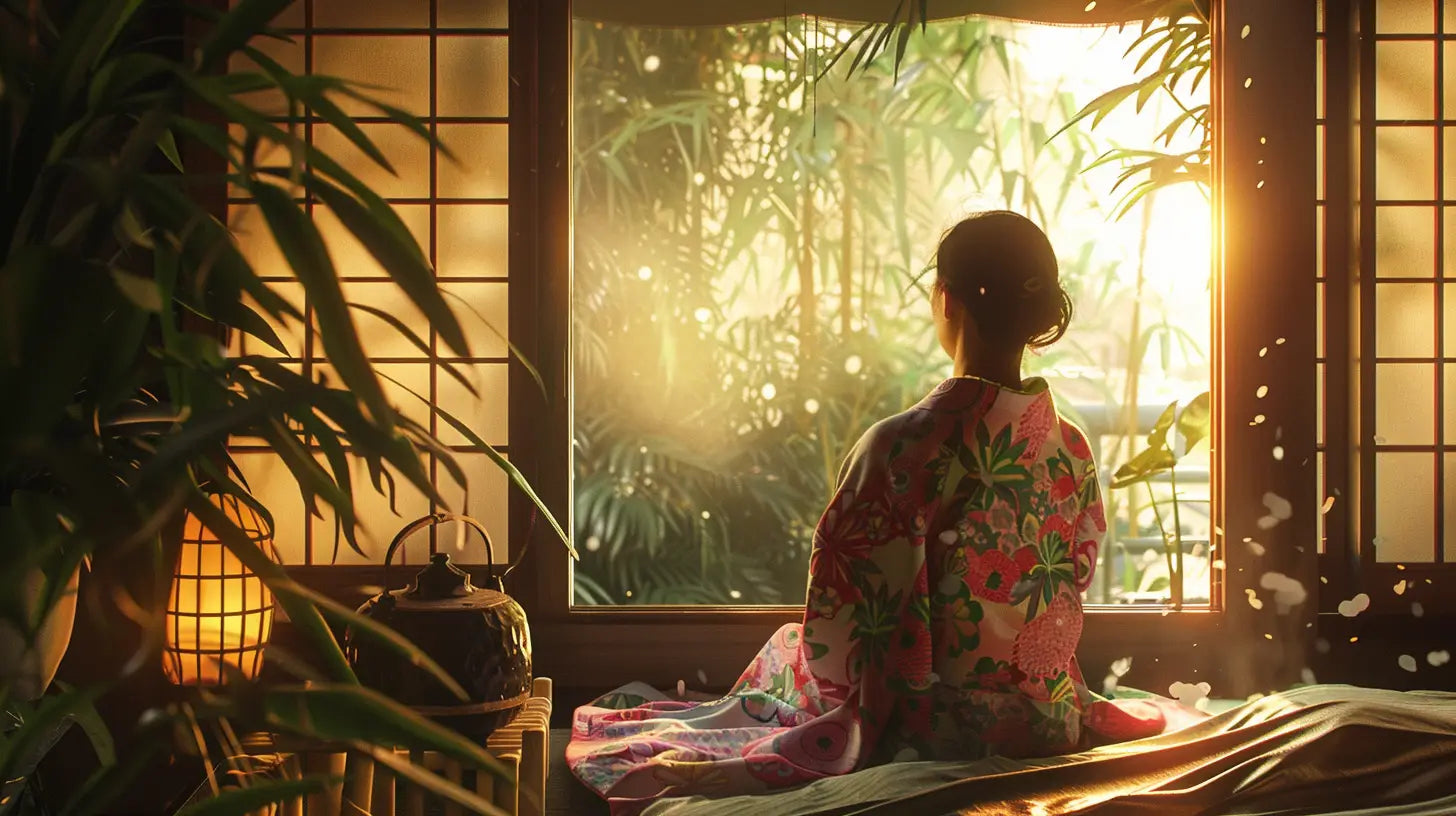 Un homme debout porte un kimono traditionnel chez lui, évoquant l’utilisation comme robe de chambre.