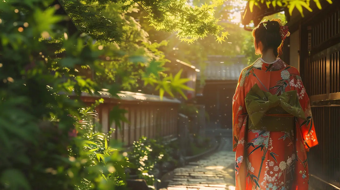 Un homme debout en kimono léger marche dans un jardin japonais en plein été.