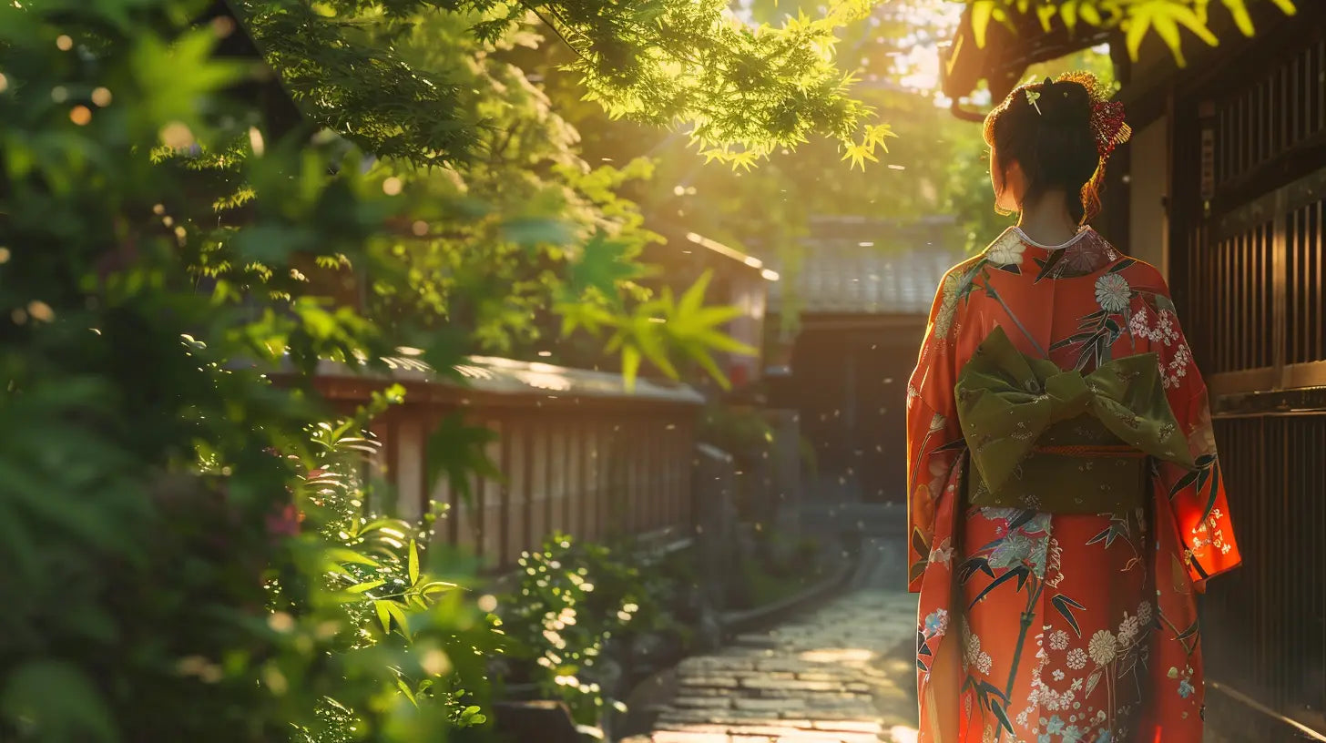 Un homme debout en kimono léger marche dans un jardin japonais en plein été.