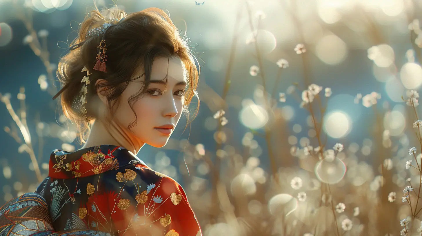 Femme debout portant un kimono moderne, assorti à une tenue élégante et décontractée.