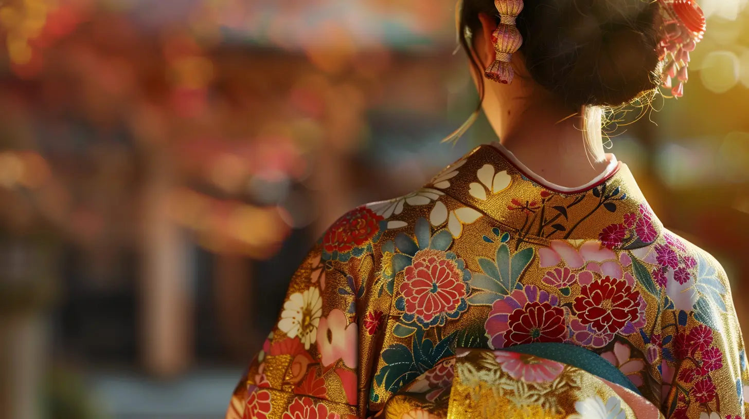 Un homme porte un kimono bleu et une femme porte un yukata coloré dans un jardin japonais.