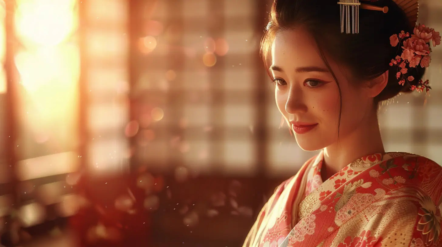 Un homme en kimono traditionnel japonais marche sous des arbres, illustrant l’histoire du kimono.