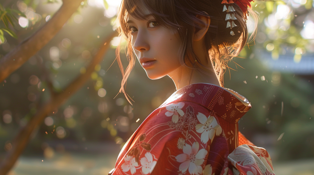 Une femme debout porte une robe kimono fleurie dans un intérieur lumineux au style moderne.