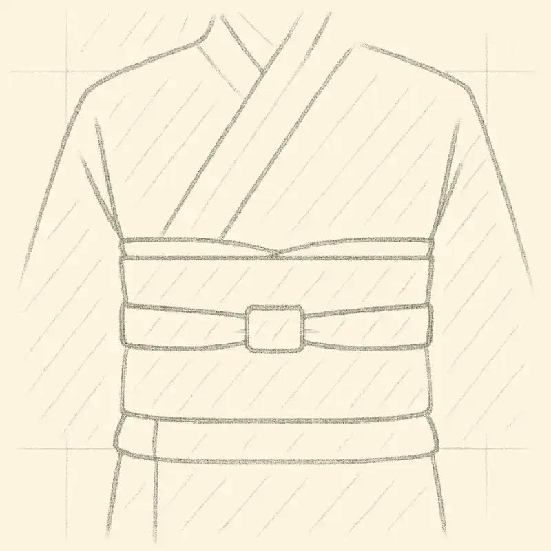Une esquisse d'un vêtement japonais traditionnel avec une large ceinture obi et une boucle rectangulaire.