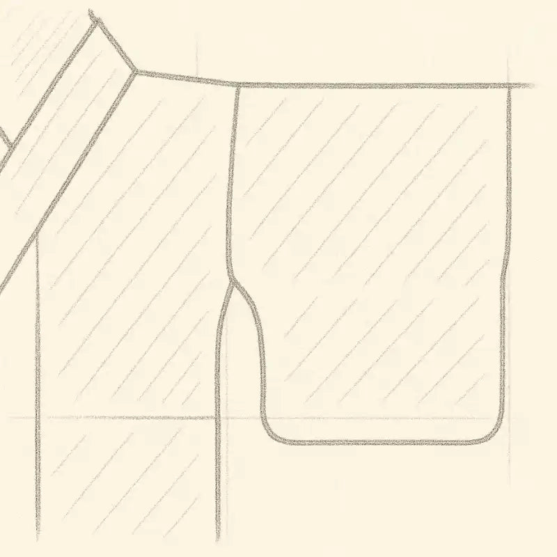 Un croquis dessiné à la main du plan architectural d’un bâtiment, présentant des murs hachurés et une section d’angle détaillée avec une base arrondie.