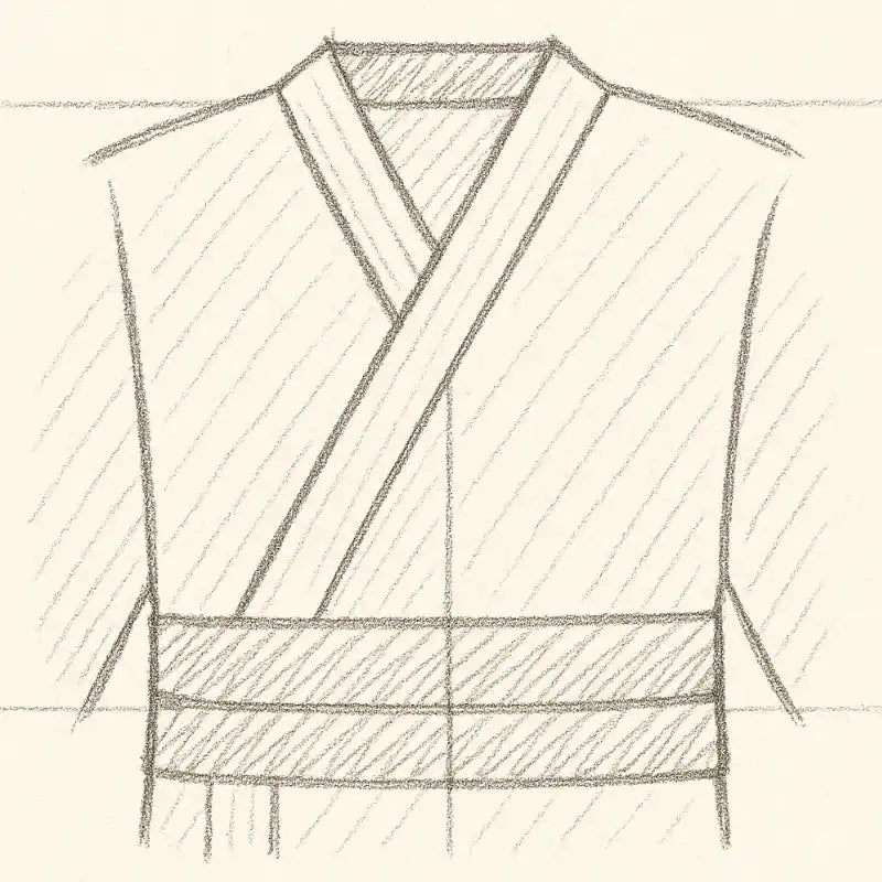 Un croquis à la main d'un haut de kimono d'arts martiaux avec une taille à ceinture.