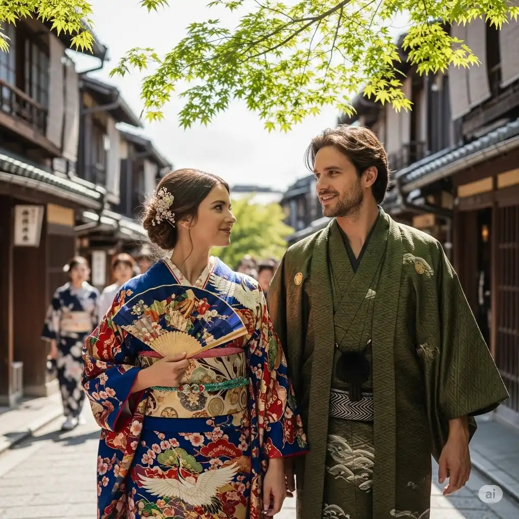 Deux personnes portant des kimonos japonais traditionnels.