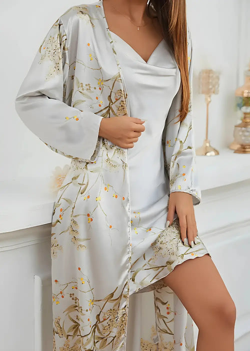 Ensemble Déshabillé Kimono Et Nuisette Fleuri Blanc