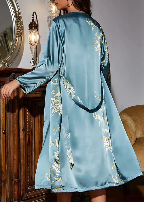 Ensemble Déshabillé Kimono Et Nuisette Fleuri Bleu