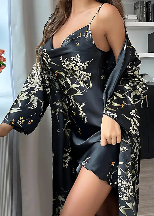Ensemble Déshabillé Kimono Et Nuisette Fleuri Noir