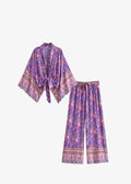 Ensemble Kimono Court Et Pantalon Violet Fleuri