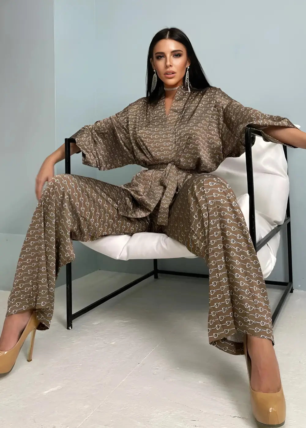 Ensemble Kimono Et Pantalon Imprimé Satiné Femme