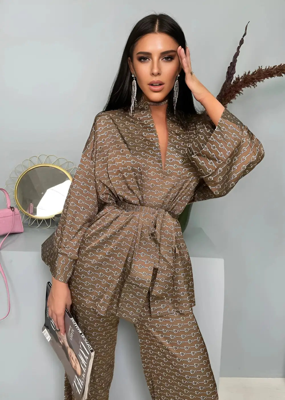 Ensemble Kimono Et Pantalon Imprimé Satiné Femme – Kimonoïa