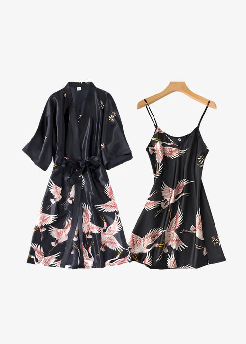 Ensemble Nuisette Et Kimono Noir | Grues Japonaises