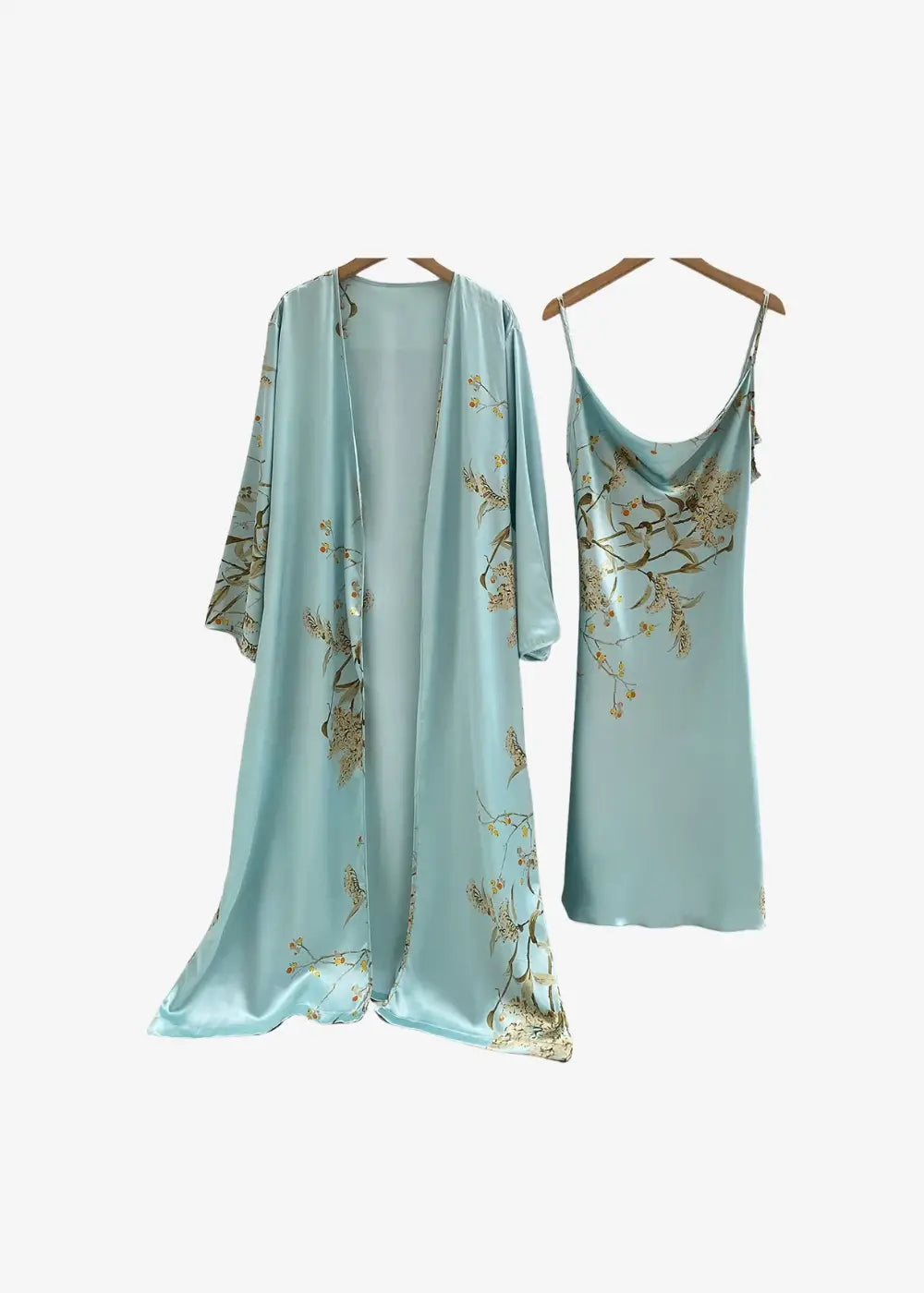 Ensemble Nuisette Kimono Long Fleuri Bleu