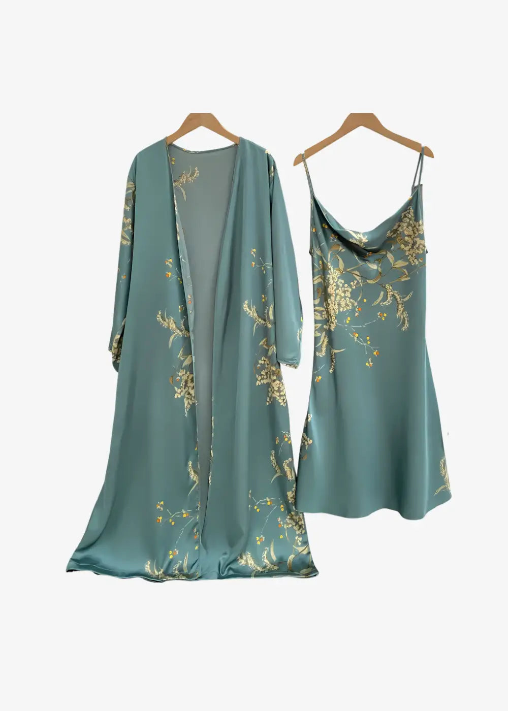 Ensemble Nuisette Kimono Long Fleuri Vert D’eau