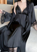 Ensemble Nuisette Kimono Long Noir Satiné Et Dentelle
