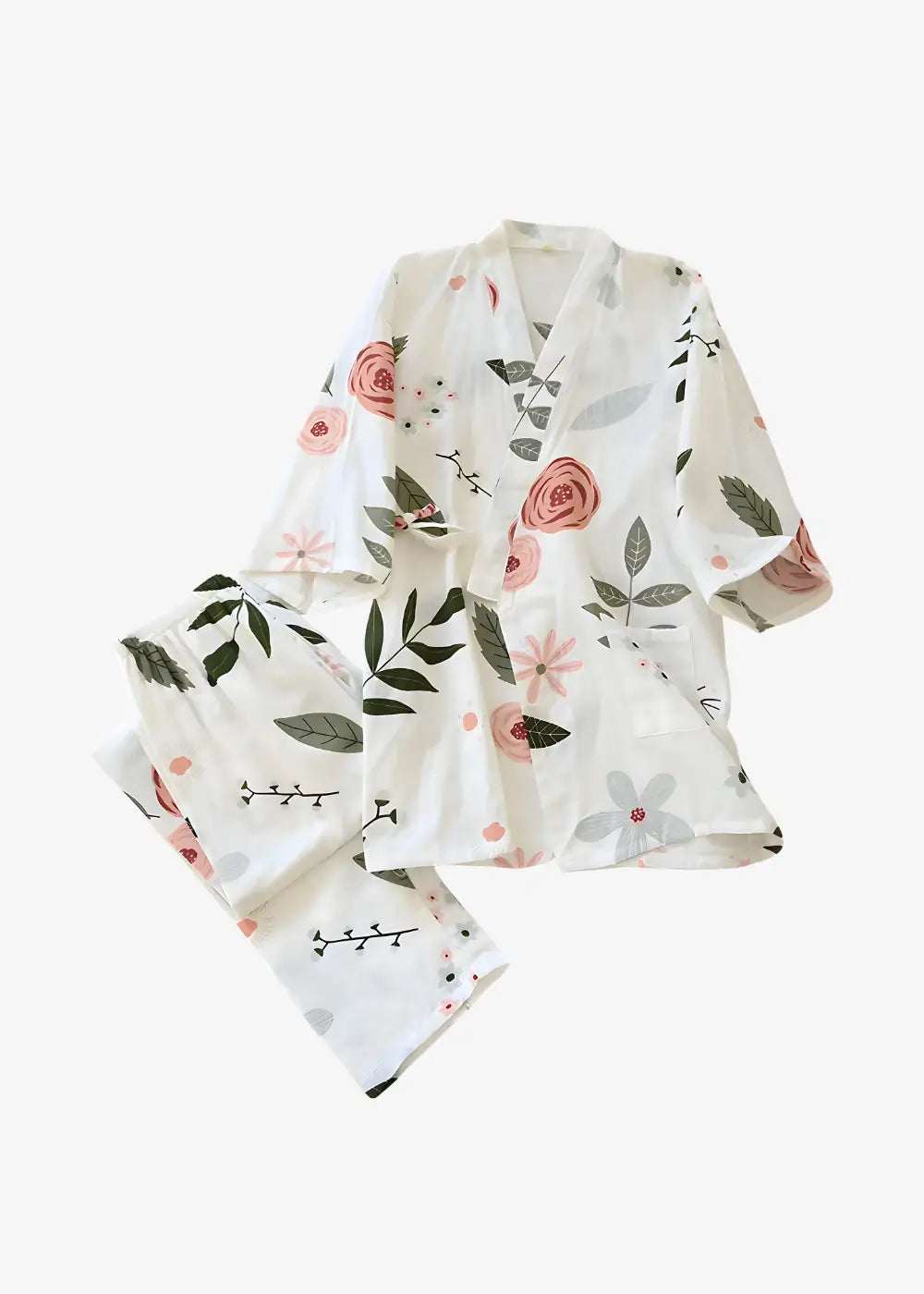 Ensemble Pyjama Femme Kimono Blanc Fleuri