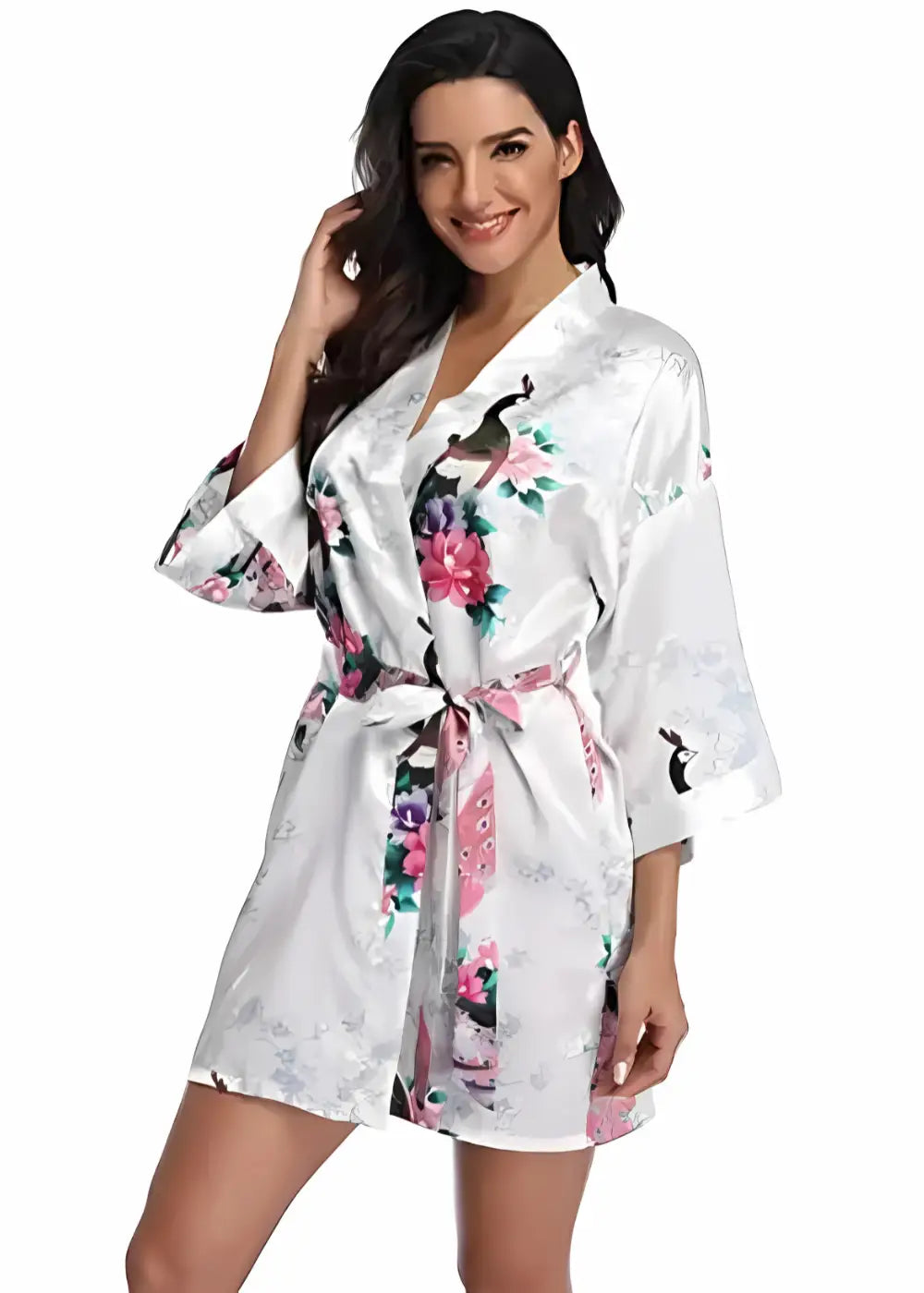 Kimono Court en Satin Blanc Fleuri