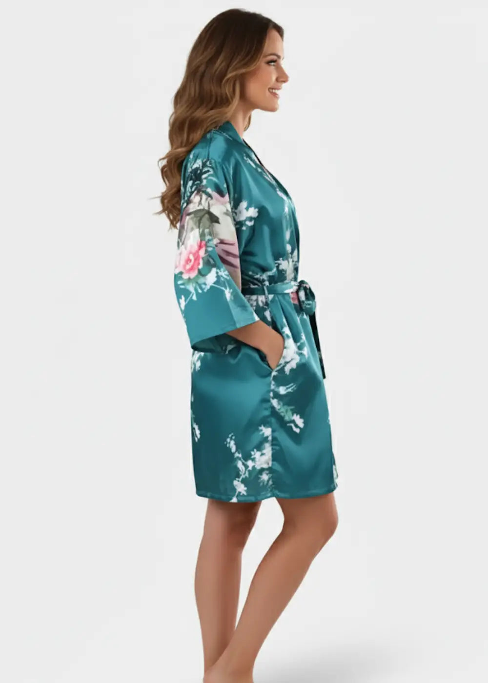 Kimono Court en Satin Bleu Canard Fleuri