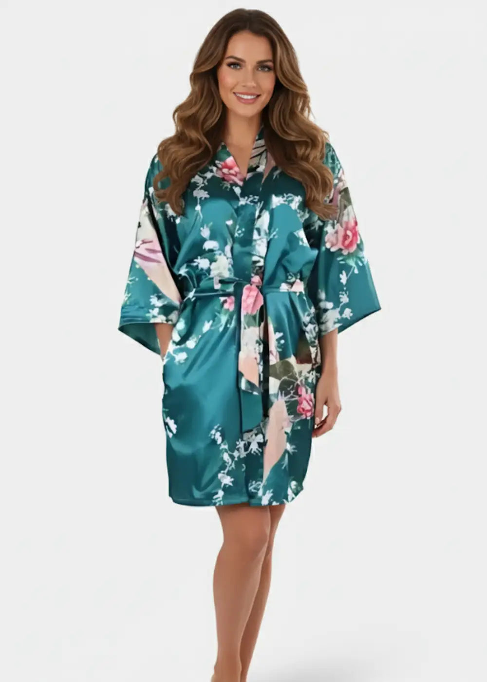 Kimono Court en Satin Bleu Canard Fleuri