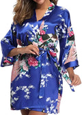 Kimono Court en Satin Bleu Fleuri