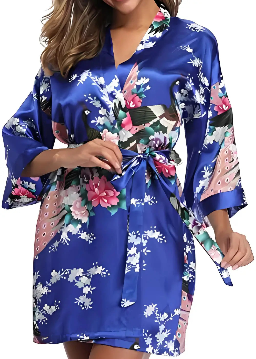 Kimono Court en Satin Bleu Fleuri