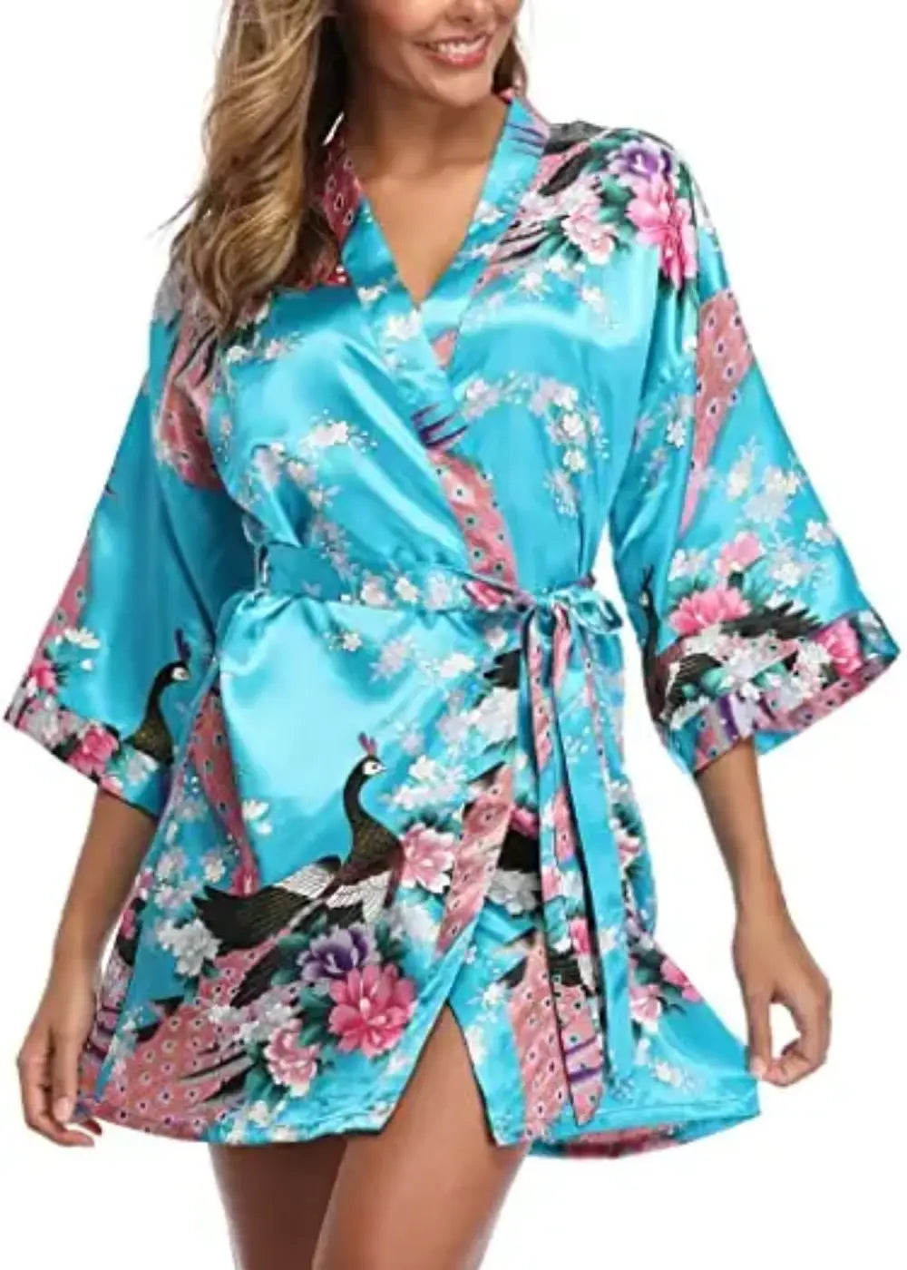 Kimono Court en Satin Bleu Turquoise Fleuri
