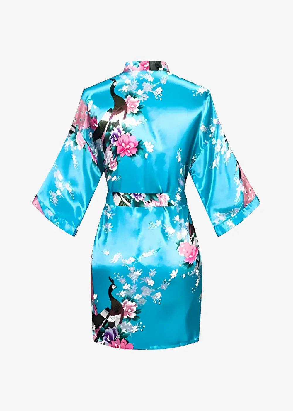 Kimono Court en Satin Bleu Turquoise Fleuri