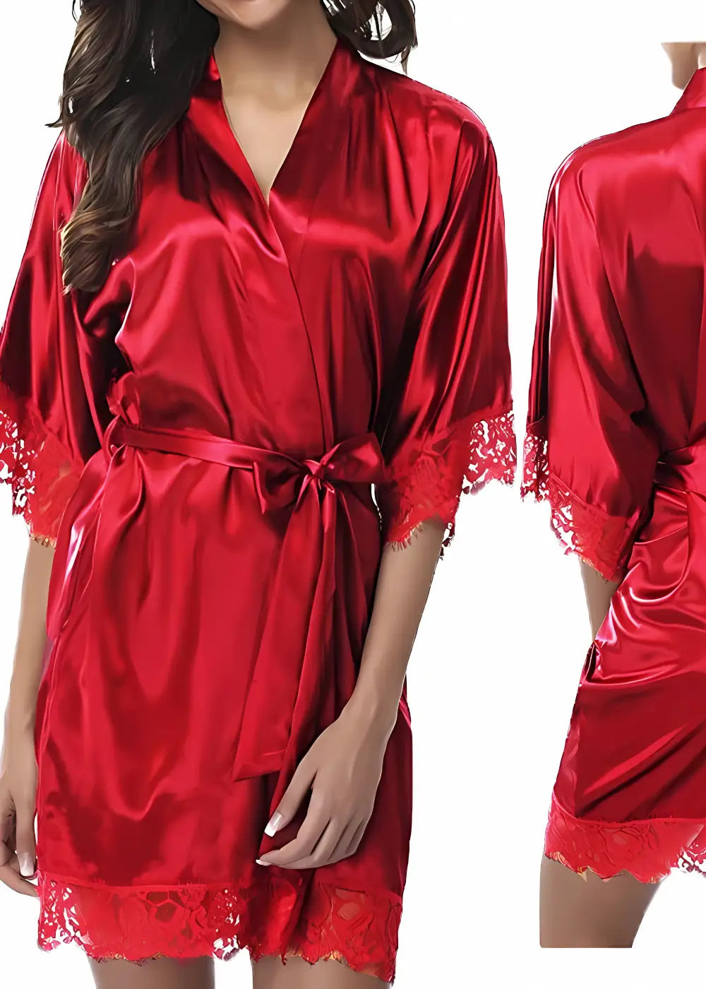 Kimono Court en Satin Manches Dentelles