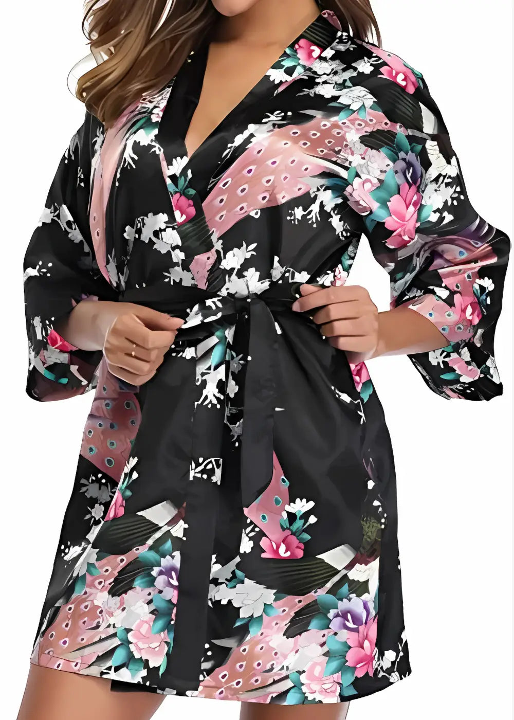 Kimono Court en Satin Noir Fleuri