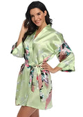 Kimono Court en Satin Vert Clair Fleuri
