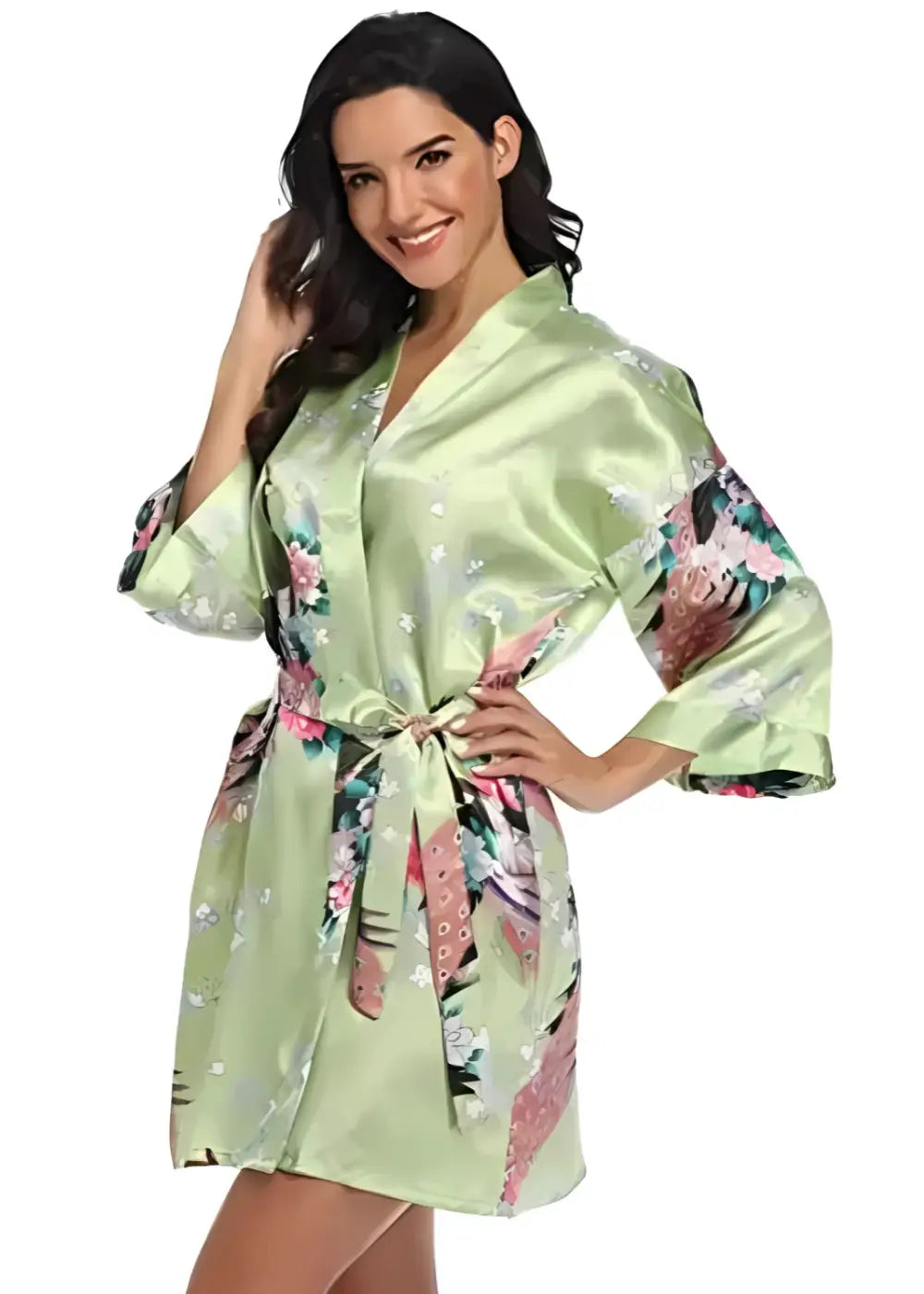 Kimono Court en Satin Vert Clair Fleuri