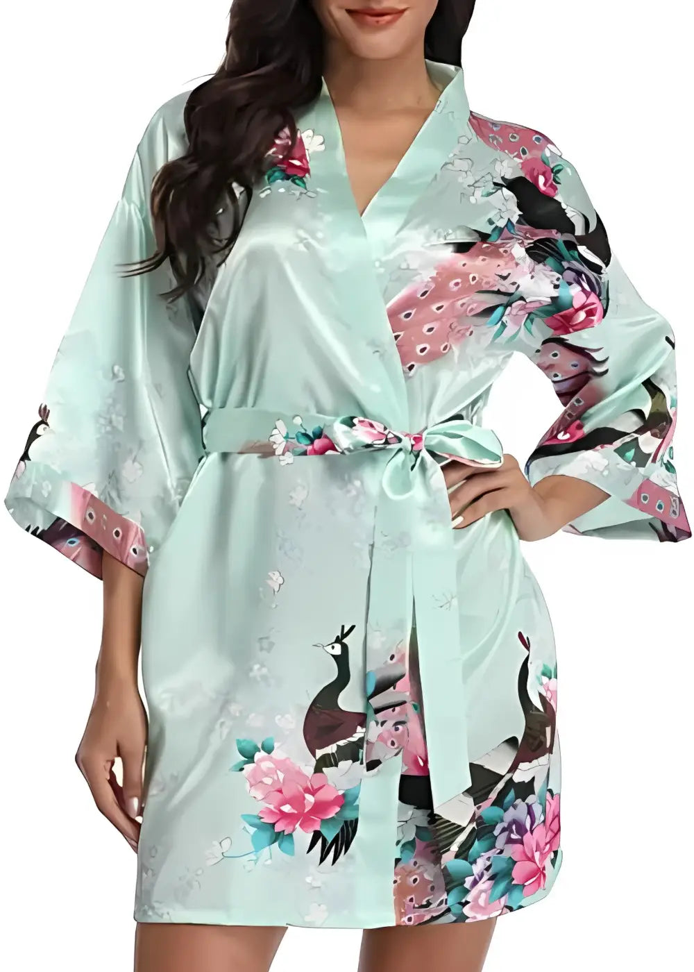Kimono Court en Satin Vert D’Eau Fleuri