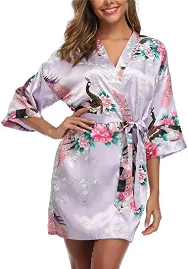 Kimono Court en Satin Violet Clair Fleuri