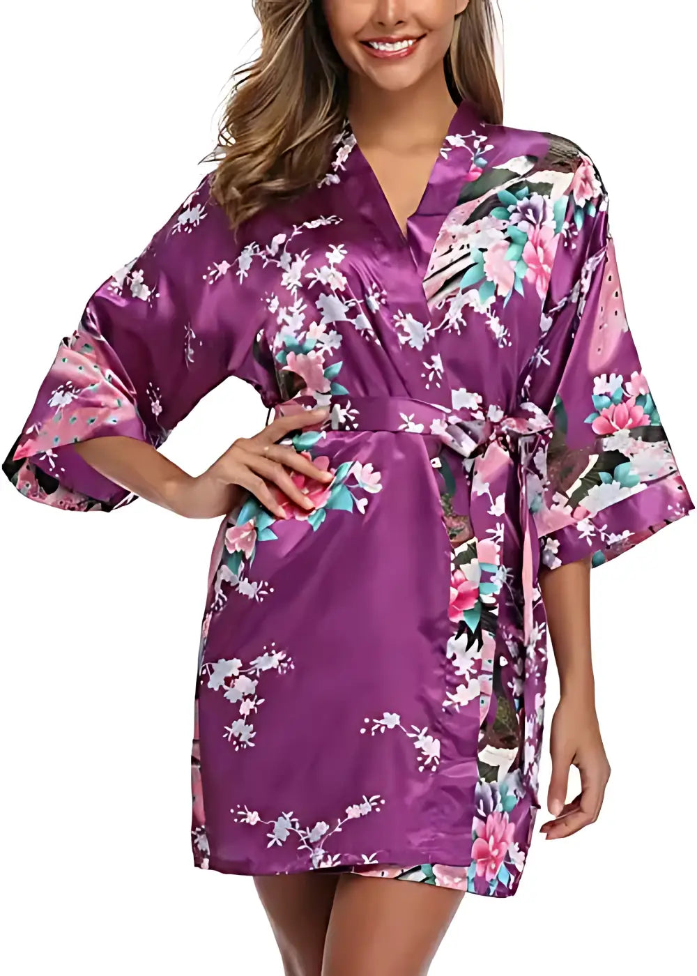 Kimono Court en Satin Violet Fleuri