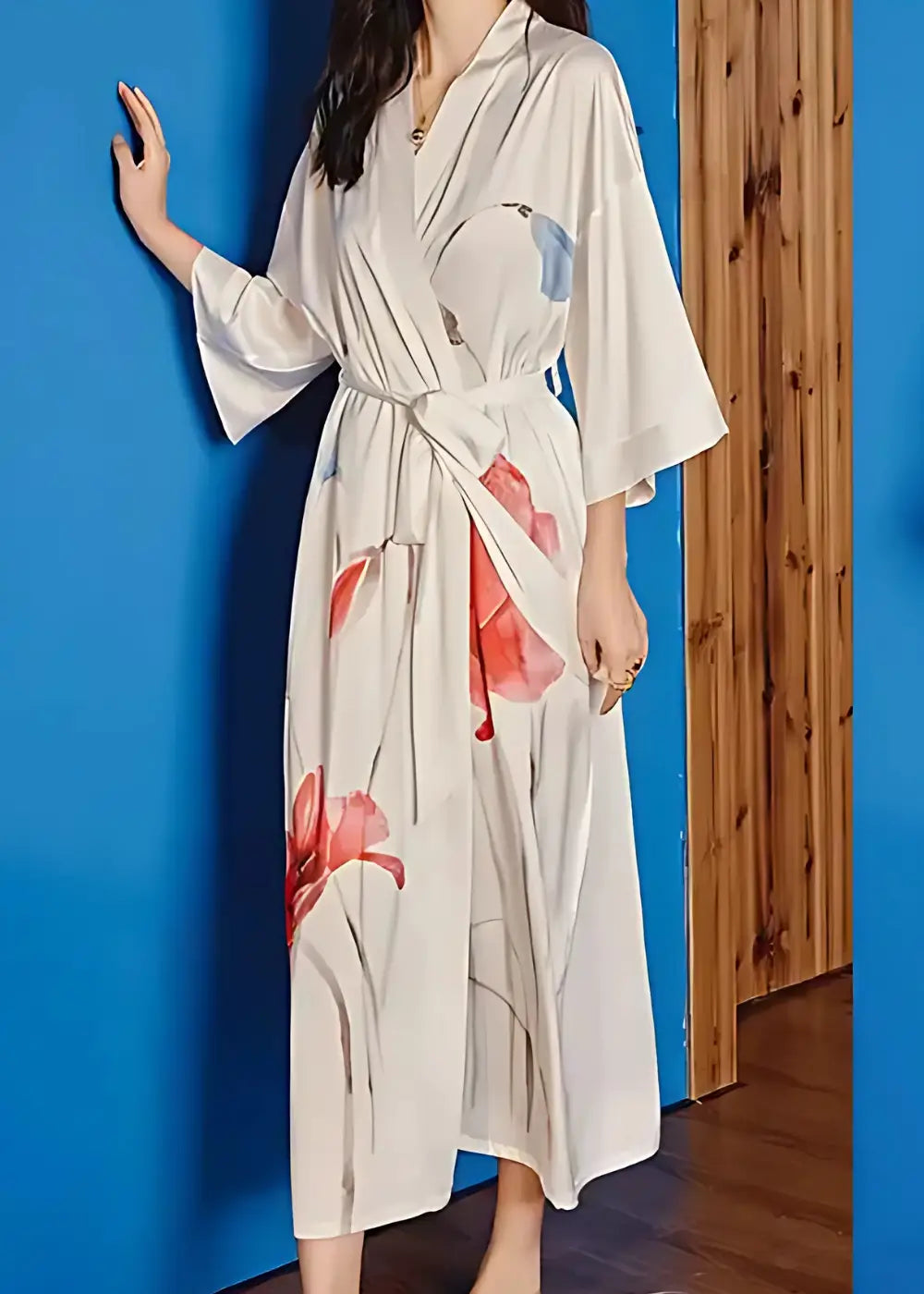 Kimono De Nuit Blanc Fleuri