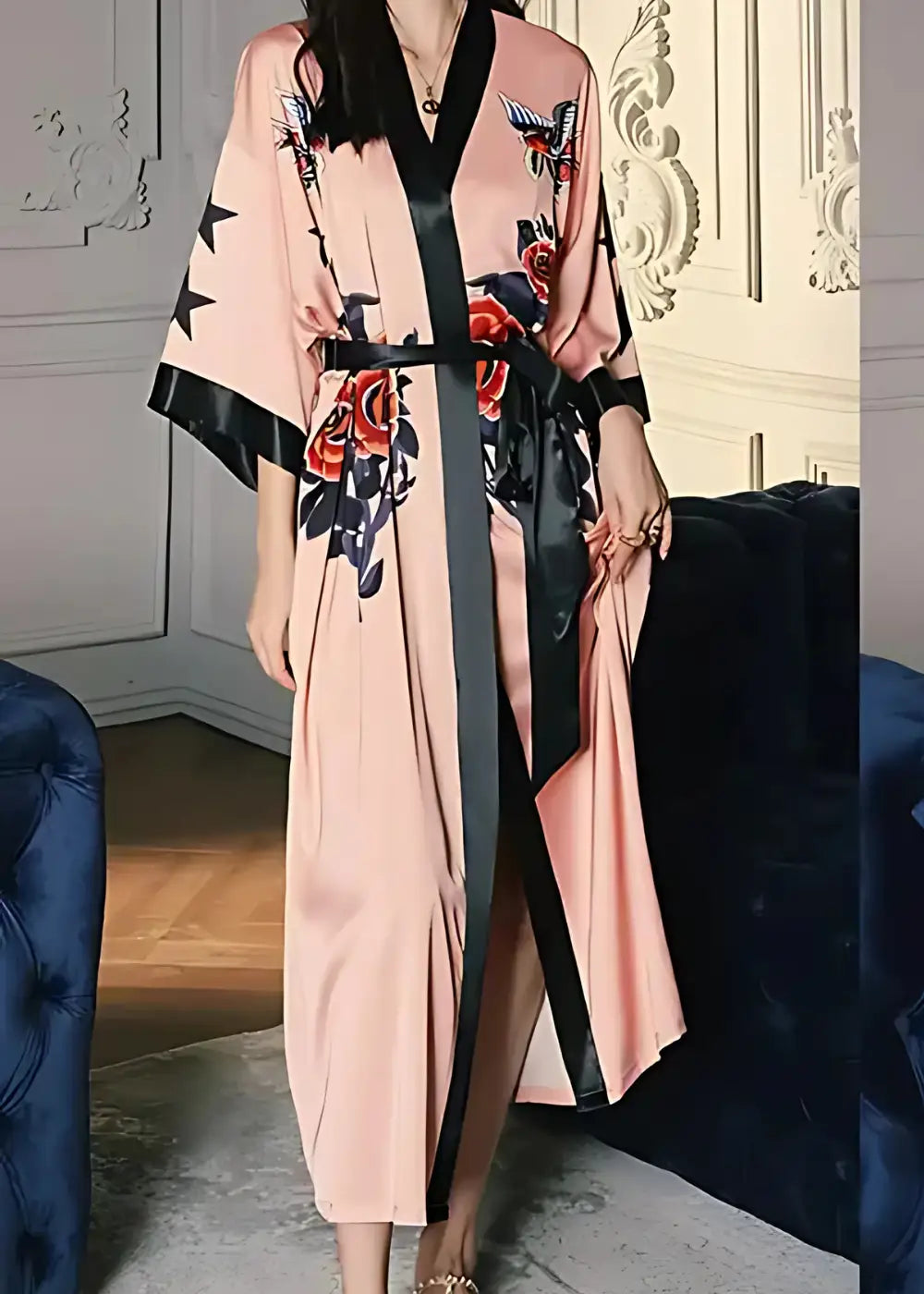 Kimono De Nuit Femme Rose Fleuri