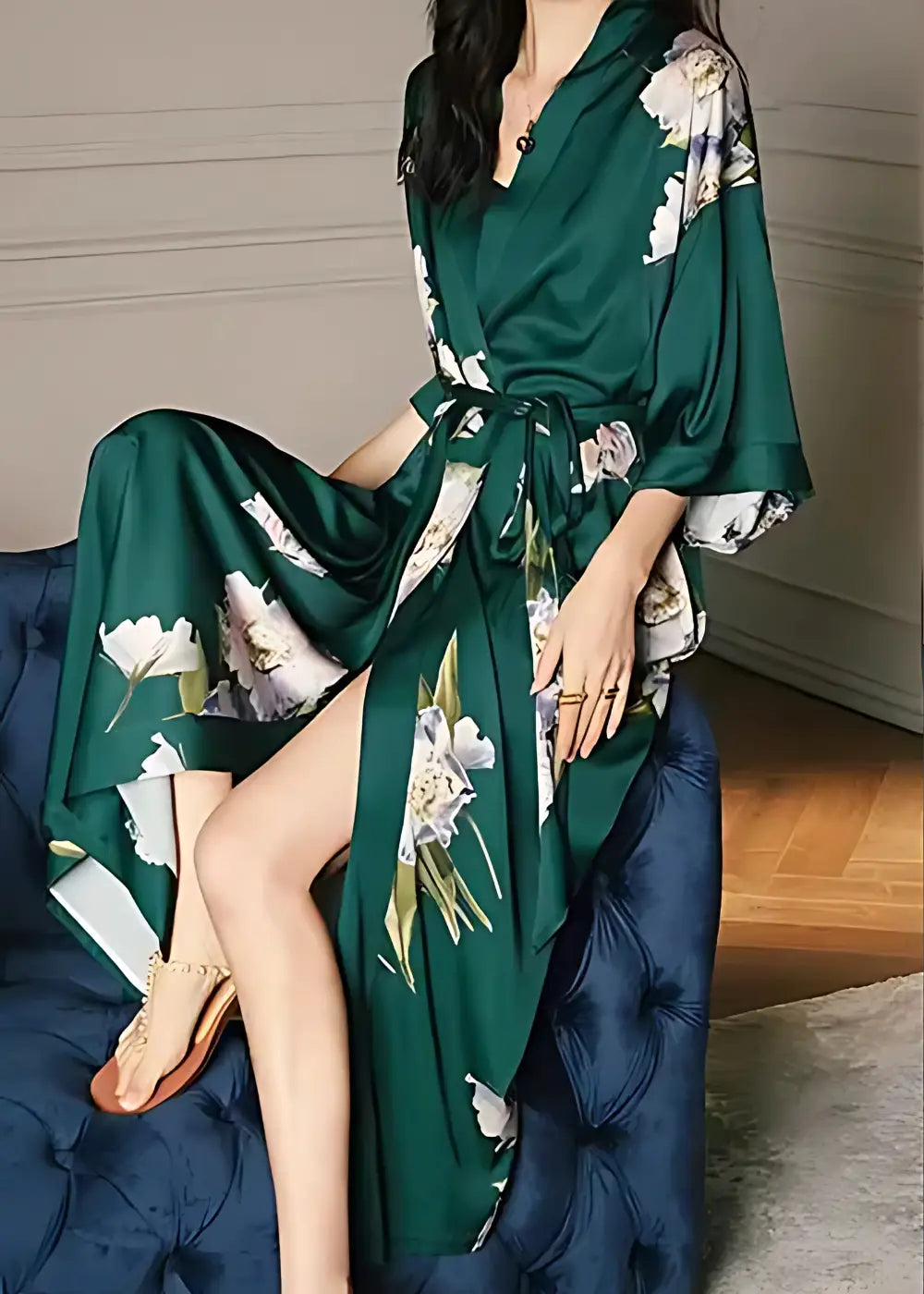Kimono De Nuit Femme Vert Foncé Fleuri